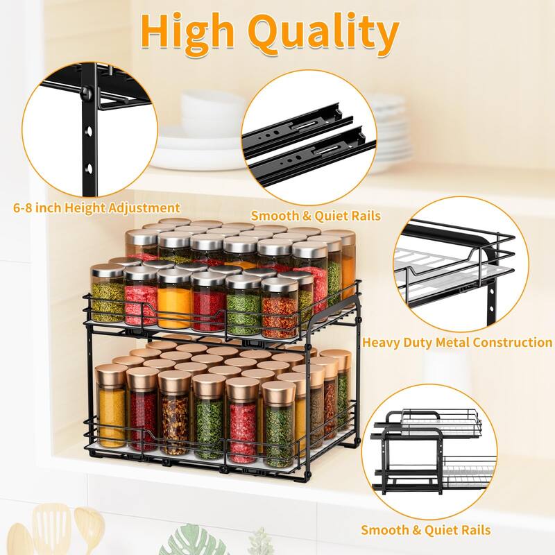 Spice Organization for Cabinet,2 Tier Pull out Spice Rack Organizer,Slide out Heavy Duty Metal Shelf Rack