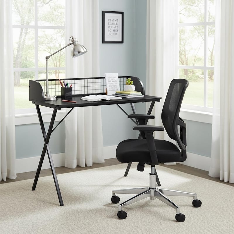 Homylin Modern Metal Frame Writing Desk with Raised Back Shelf, Black - 39.4”Black