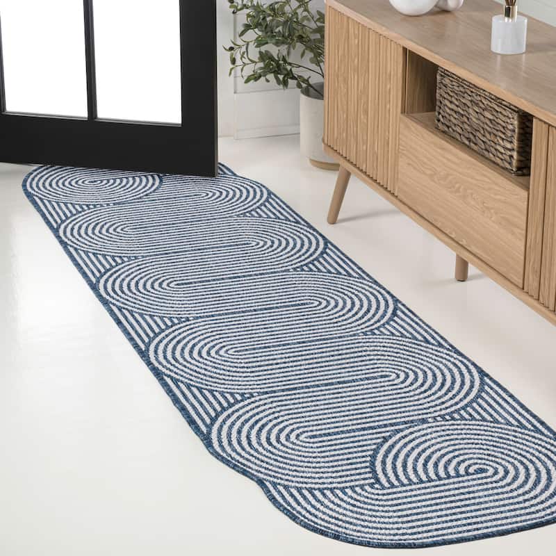 Margot Modern Geometric Arch Stripe Indoor/Outdoor Shaped Area Rug - 2 ft. x 8 ft. - Cream/Navy