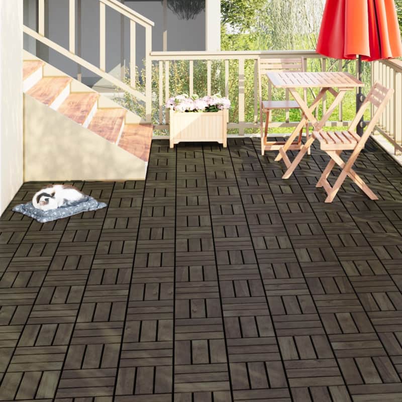 10 PCS Interlocking Deck Tiles Checker Pattern, 12" x 12" Square Acacia Hardwood Outdoor Flooring for Patio,Bancony,Pool Side