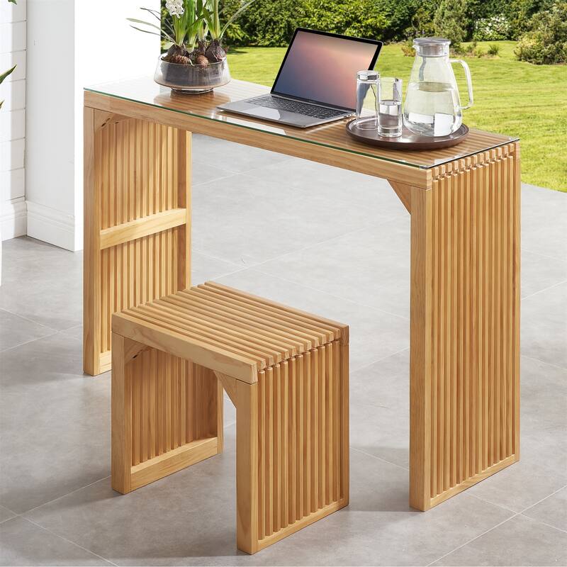 Pine Dining Bench and Table Set with Tempered Glass Top for Kitchen