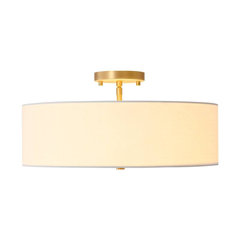 French Country Brass Round White Linen Drum Ceiling Light