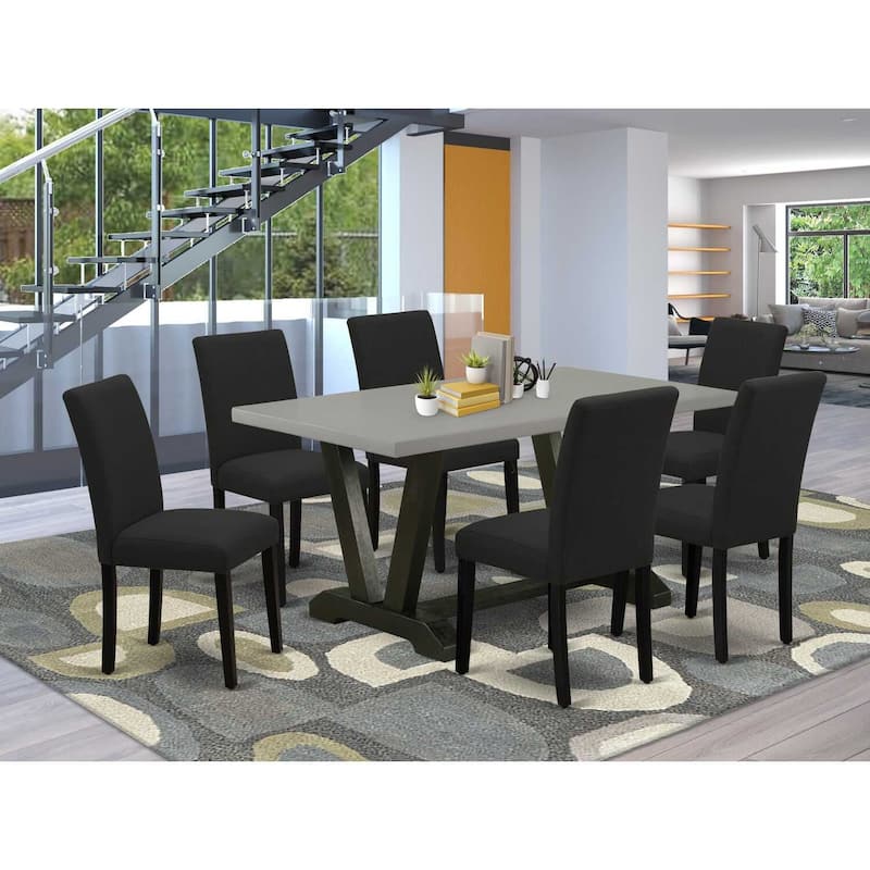 Modern 7 Piece Dining Set - Rectangular Table with 6 Upholstered Chairs - Black Finish