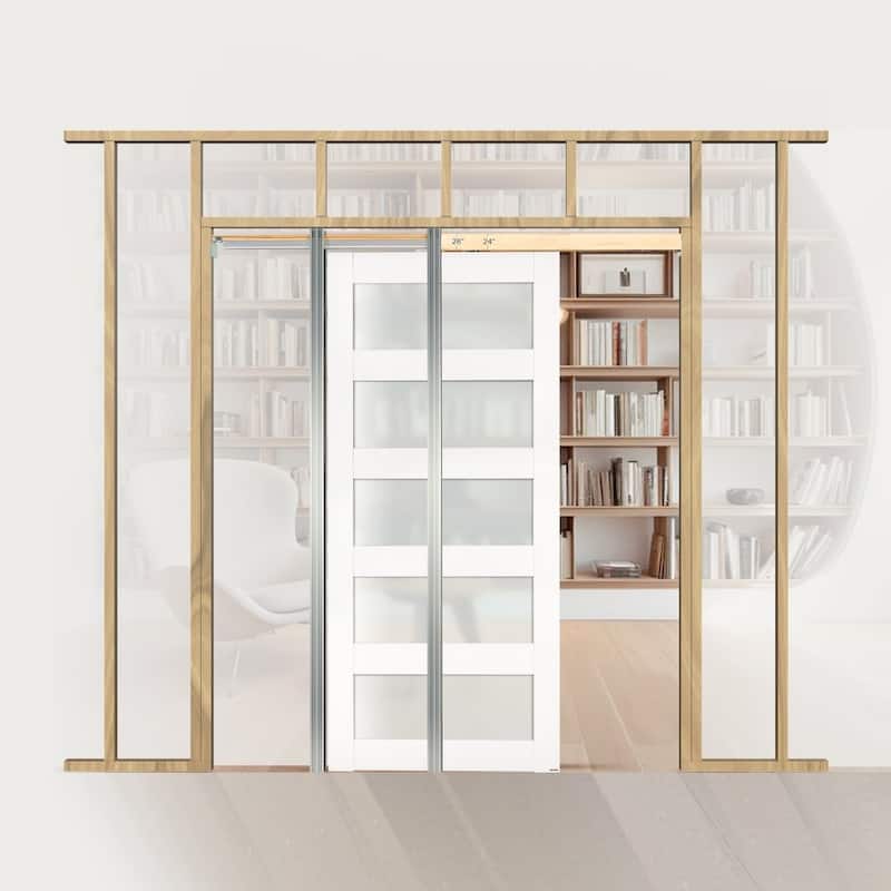 White Wood MDF Sliding Pocket Door with Frosted Glass Panels