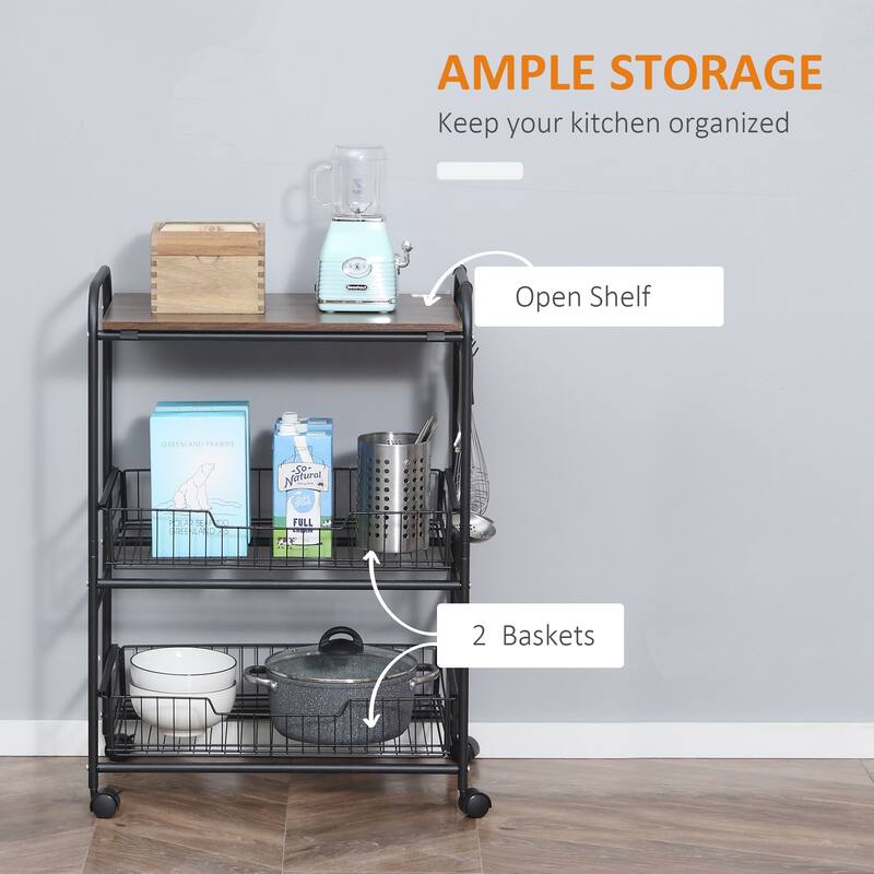 3 Tier Rolling Kitchen Island Cart w/ Sliding Fruit Basket,Side Hooks