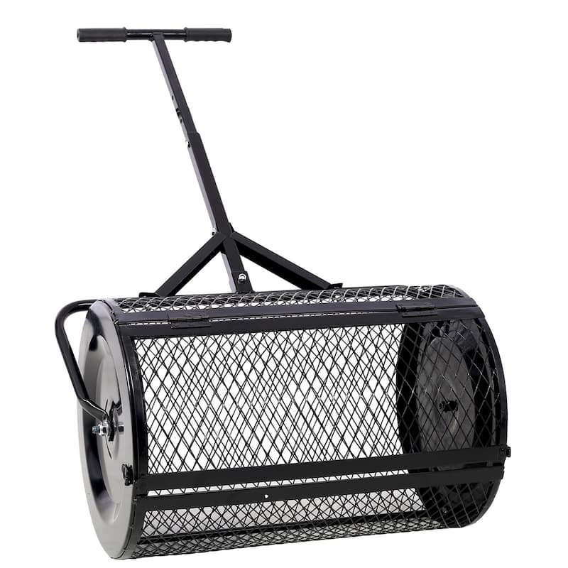 24" Heavy Duty Peat Moss Spreader, Metal Mesh T-Handle for Lawn - Black