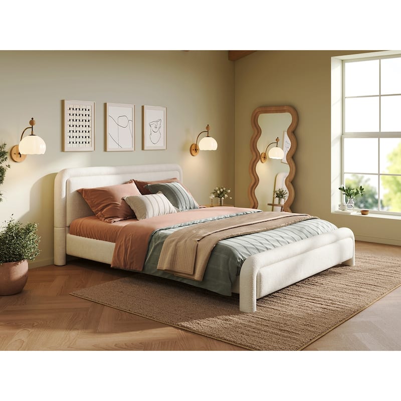 Christopher Knight Home - Boucle Upholstered Platform Bed Frame with Curved Headboard