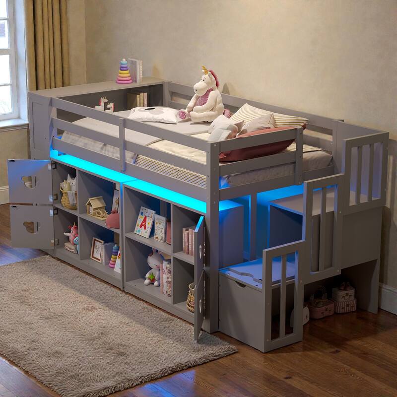 Twin Low Loft Bed with Storage Headboard, Shelves, Stair Drawers & LED Lights, Space-Saving Kids Wooden Loft Frame