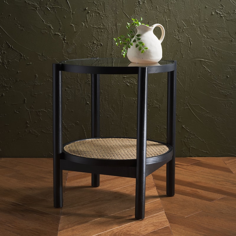 SAFAVIEH Couture Alberdine Rattan/Glass Accent Table - 23 In. W x 23 In. D x 24 In. H - 23"W x 23"D x 24"H - Black/Natural