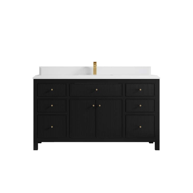Willow Collections 60 in W x 22 in D Sonoma Free Standing Reeded Single Sink Bathroom Vanity with Countertop - 1.5" White Quartz - Black
