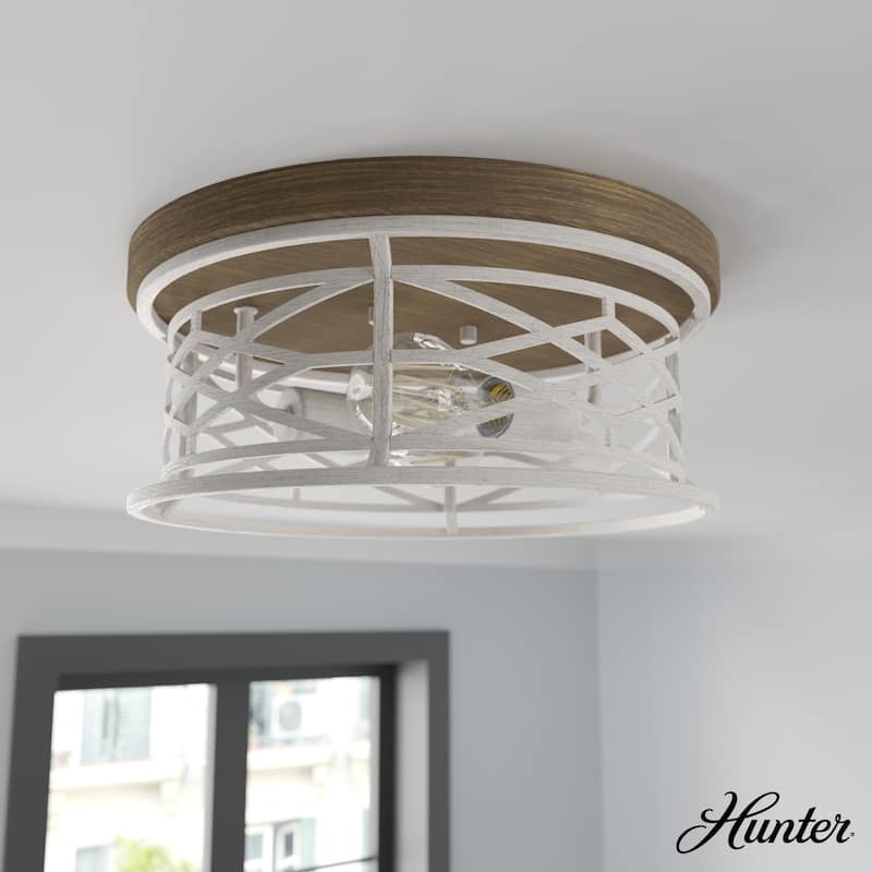 Hunter Langwood Modern 2-Light Flush Mount Ceiling Light - Entry, Living Room - Cage - Damp Rated - 13.25"