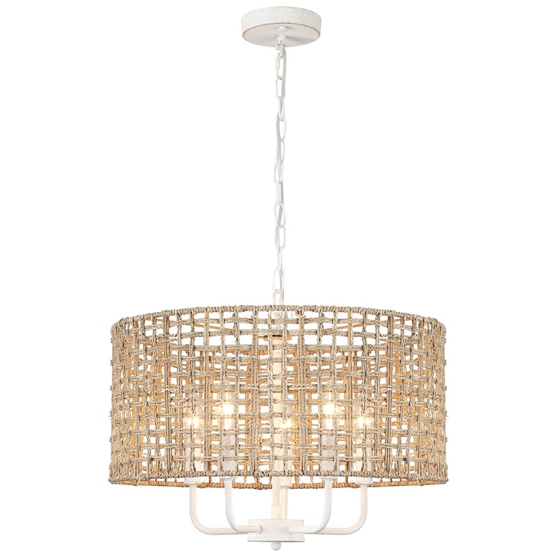 5 - Light Dimmable Drum Chandelier Natural Rattan Bohemian & Coastal Pendant - 18.9 in