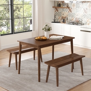 3Pcs Wooden Dining Table Set with 2 Benches and 1 Rectangle Table - Bed ...