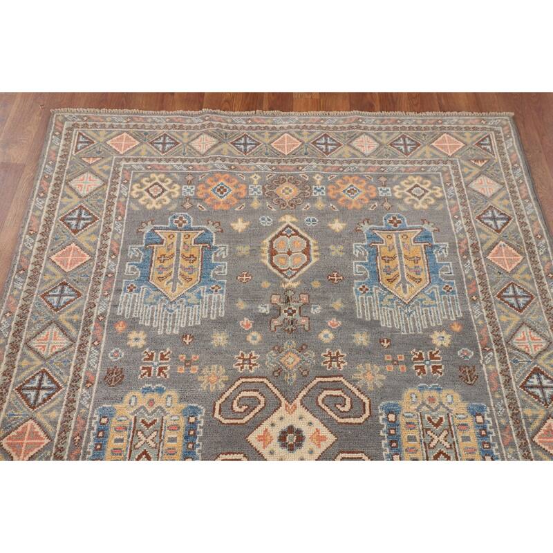 Traditional Kazak Oriental Area Rug Hand-Knotted Grey Wool Carpet - 4'1" x 6'2"
