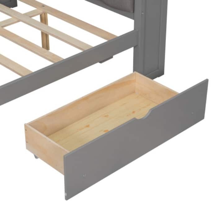 Wood Full/Twin Platform Bed with Storage - Features Shelves, Drawers, Charging Station and LED Desk