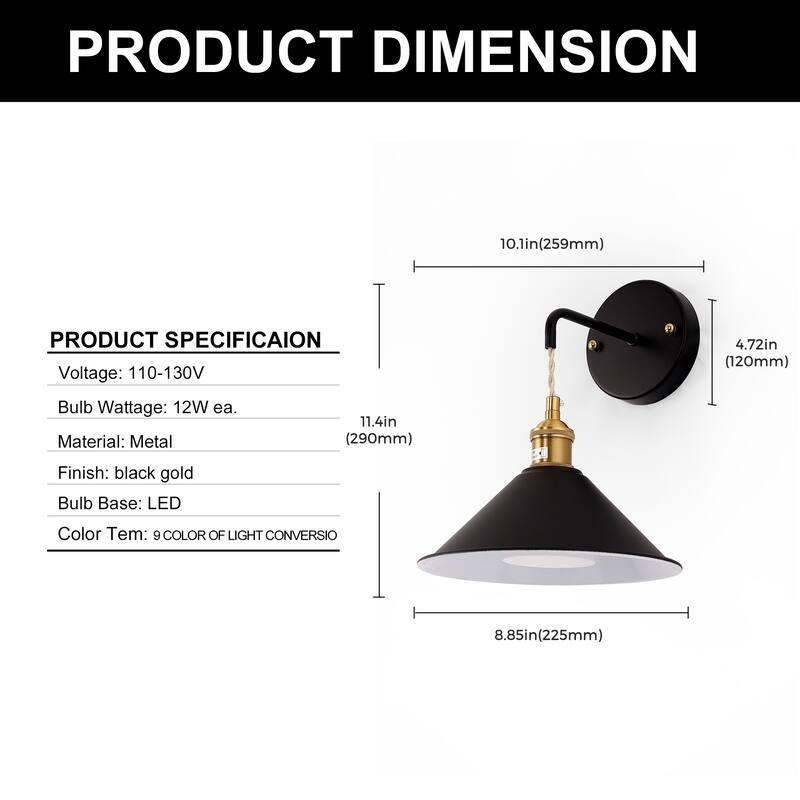 Black Wall Sconces Set of 2 with Cone Shade, E26 Rechargeable Light, Battery Operated, Remote Control - 8.85*8.85*11.4