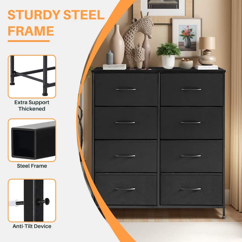 Dresser for Bedroom, 8 Storage Drawers, Tall Fabric Closet Chests Organizer Tower Furniture with Wooden Top Metal Frame