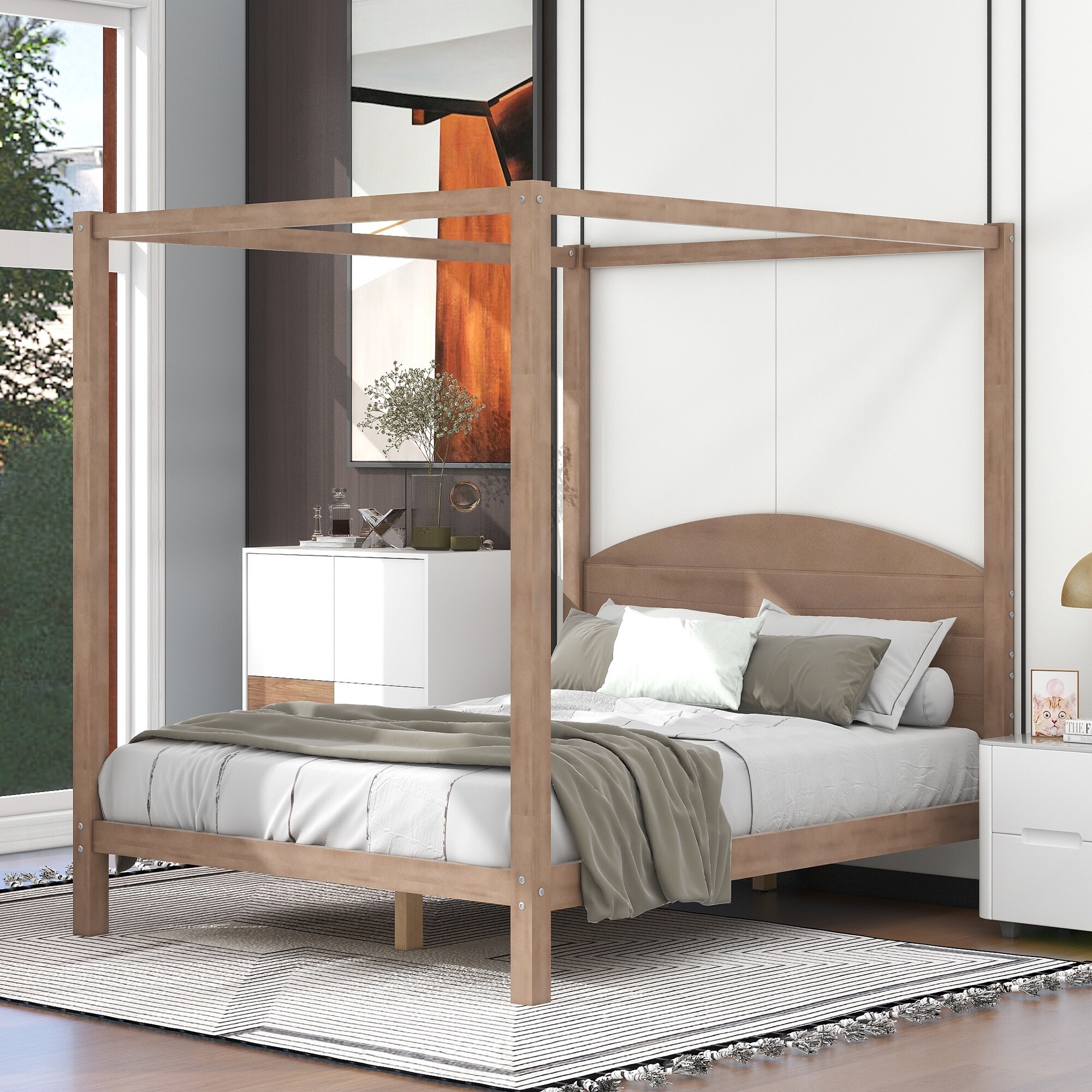 Queen size store wood canopy bed