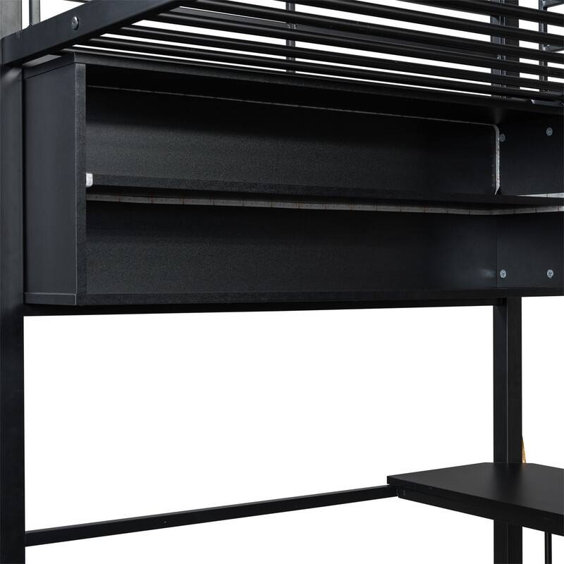Metal Gaming Loft Bed with LED Light and Bulit-in Desk, Twin/Full Size Loft Bedframe with 4 Storage Shelves and Steps