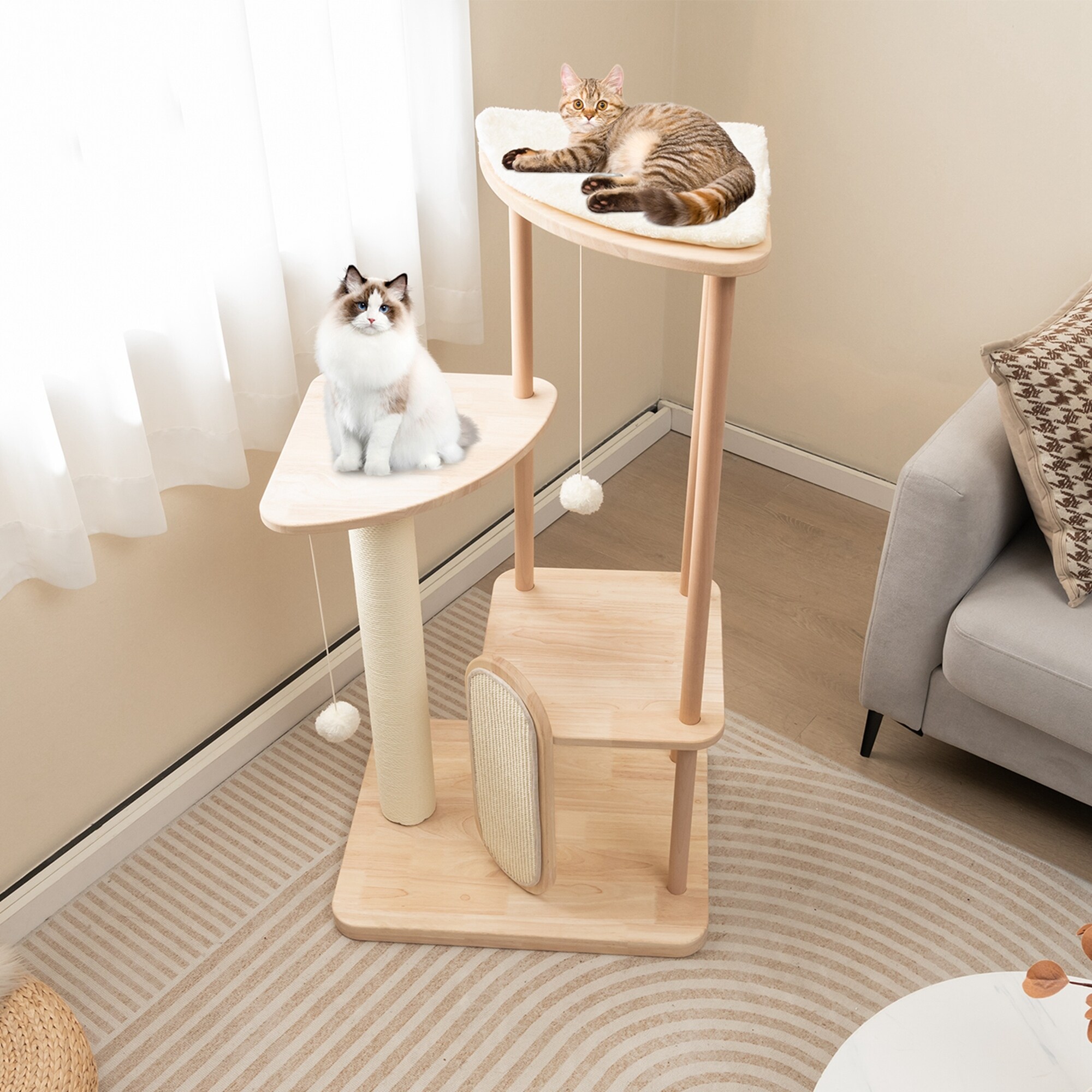 Costway Wooden Cat Tree with Sisal Scratch Board Post Padded Perch Beige See Details Bed Bath Beyond 40195418