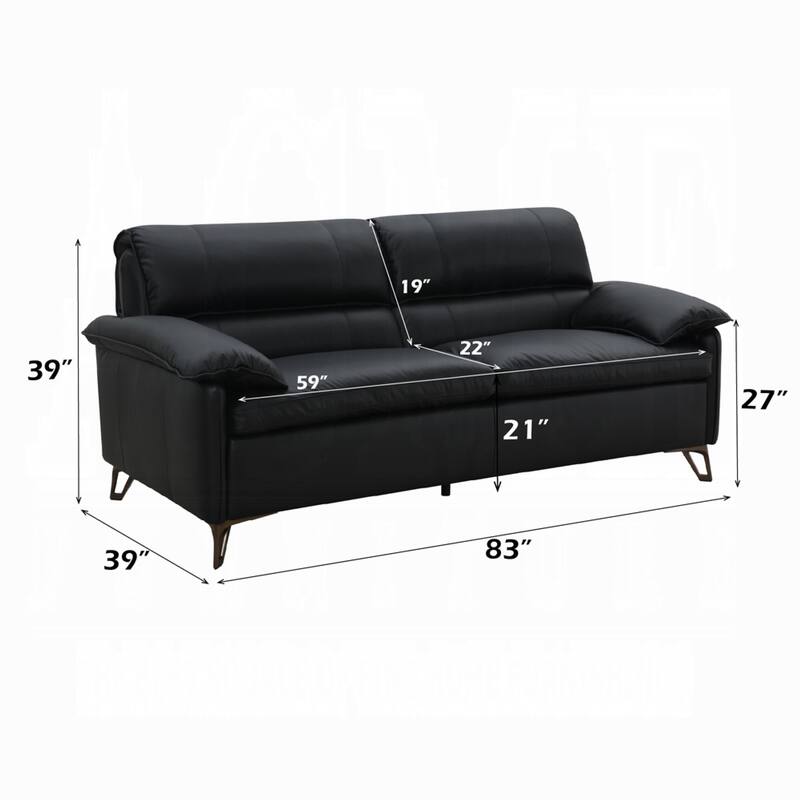 Bernie Sofa, Sleek Black Top Grain Leather, Bronze Metal, 83 Inch