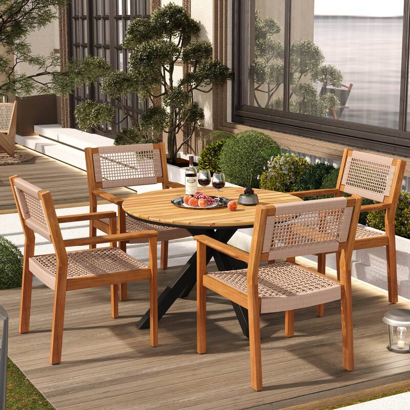 Christopher Knight Home Outdoor 5-Piece Round Table Dining Sets with Rope Accent Chairs - Natural+Light Brown