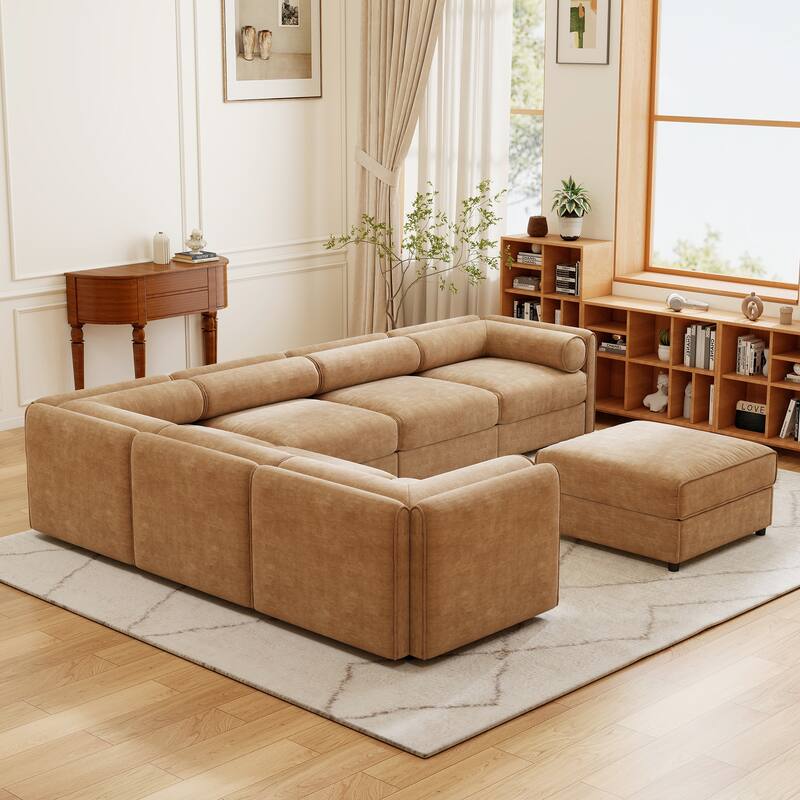 Modern Chenille 6-Seater Sofa with Ottoman Storage, Hidden Storage, Cylindrical Cushioned Arms and Backrest