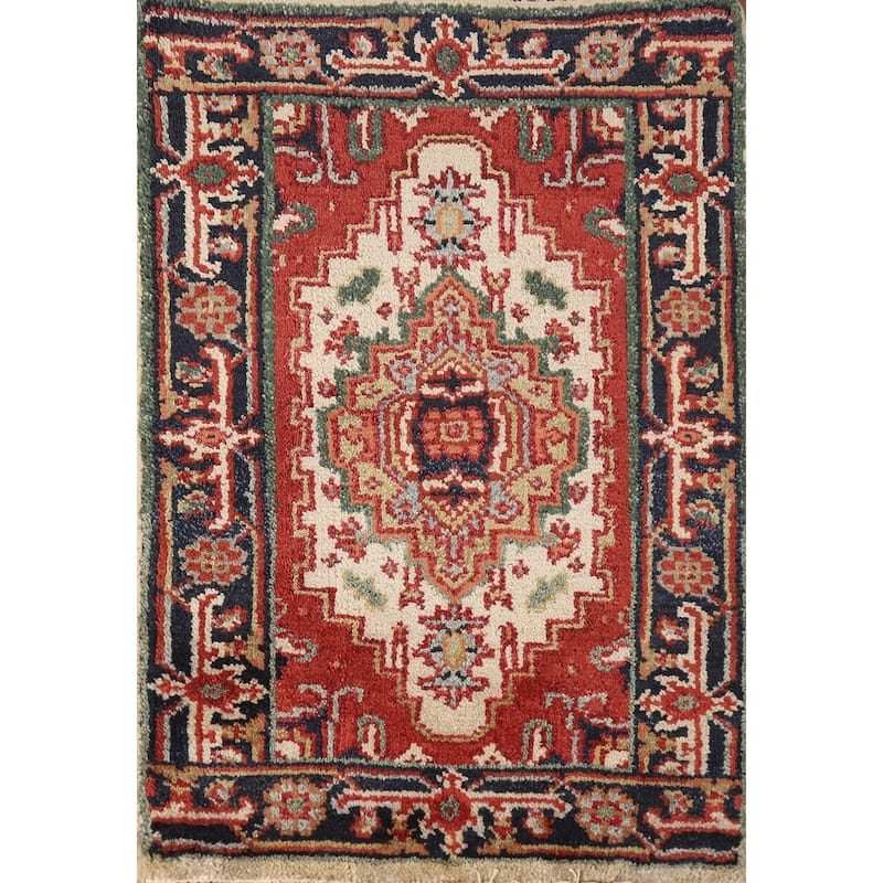 Geometric Beige Heriz Serapi Oriental Rug Hand-Knotted Wool Carpet - 2'0" x 3'0"