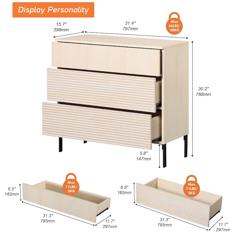 Modern Minimalist Wood Nightstand With 3 Drawers ,31.5" End Table,Reeded Design Bedside Table