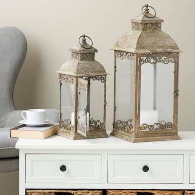 Brown Metal Distressed Vintage Inspired Ornate Scroll Indoor Outdoor Candle Lantern (Set of 2)