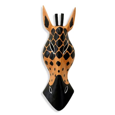 Wooden Tribal Giraffe Mask Orange Black Hand Carved Wall Plaque Hanging Home Decor Accent Art Unique Sculpture Handmade Handc