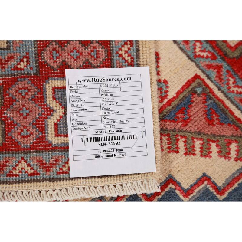 Geometric Kazak Oriental Foyer Rug Bedroom Handmade Wool Carpet - 2'8"x 4'0"