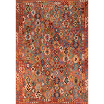 Reversible Southwestern Orange Kilim Area Rug Flatweave Wool Carpet - 8'7" x 11'5"