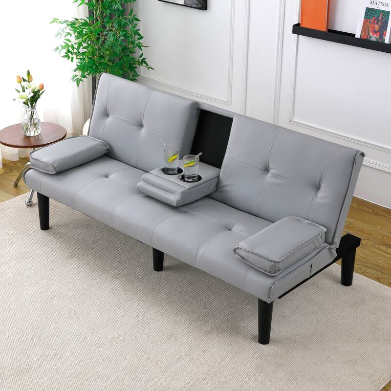 Convertible Loveseat Couch Adjustable Faux Leather Sleeper Sofa Bed with Coffee Table, Cup Holders and Removable Pillow Armrests