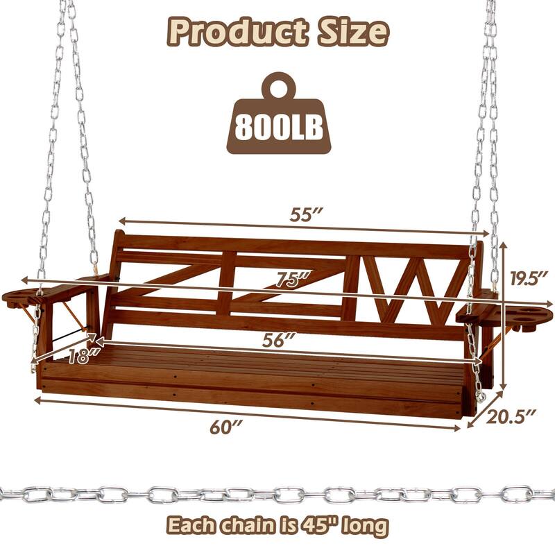 2 or 3-person Wood Porch Swing Heavy Duty with Foldable Tray
