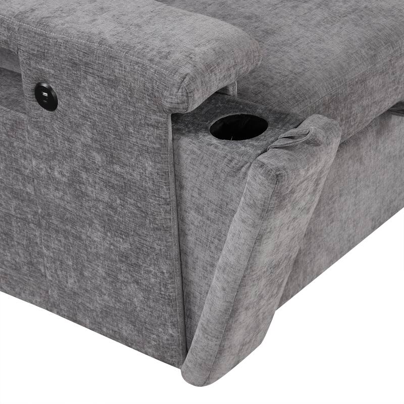 L-shaped Padded Modular Sofa with Storage, USB, Cup Holders, Gray Polyester, for Living, Office, Apartment