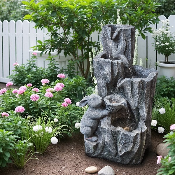 Waterfall Rabbit Arrangement Vbal 5-Tier Polyresin Outdoor Rock Fountain in Imitative Rabbit Statue ...