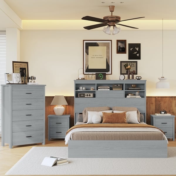 slide 2 of 9, 4-Pieces Bedroom Sets Queen Size Vintage Wooden Bed Frame with 2 Nightstands and 1 Dresser,Light Gray Light Gray - Queen