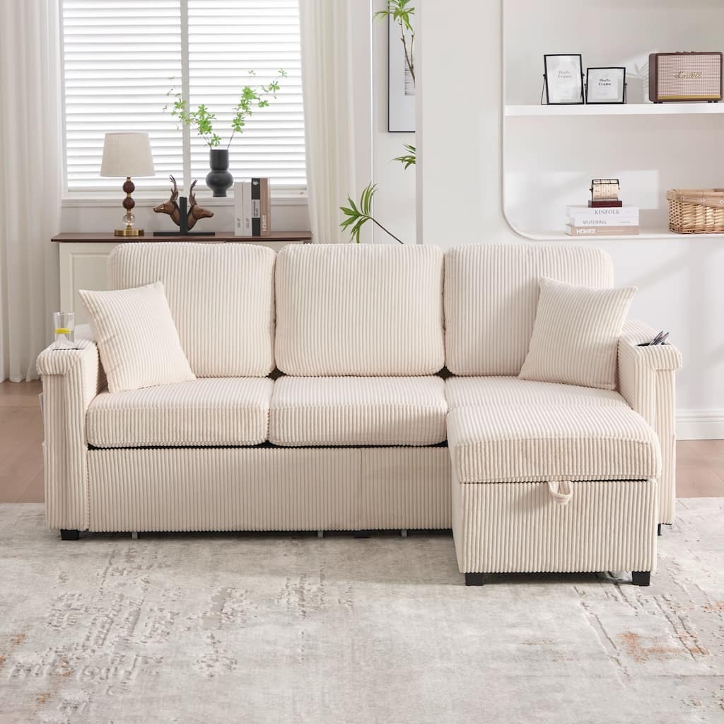 L-Shaped Sectional Sofa with Pull-Out Storage,Ottoman & Pillows 3-Seat with USB Charging,Cup Holder, Convertible Design