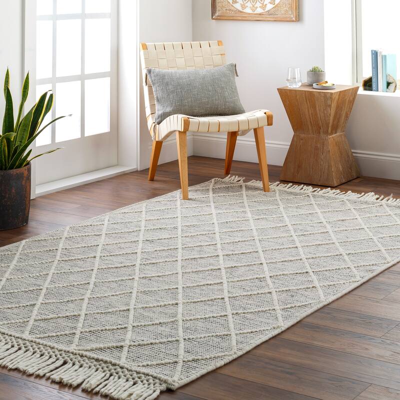 Livabliss Heber Handmade Bohemian Diamond Wool Blend Area Rug - 5' x 8' - Grey/Cream