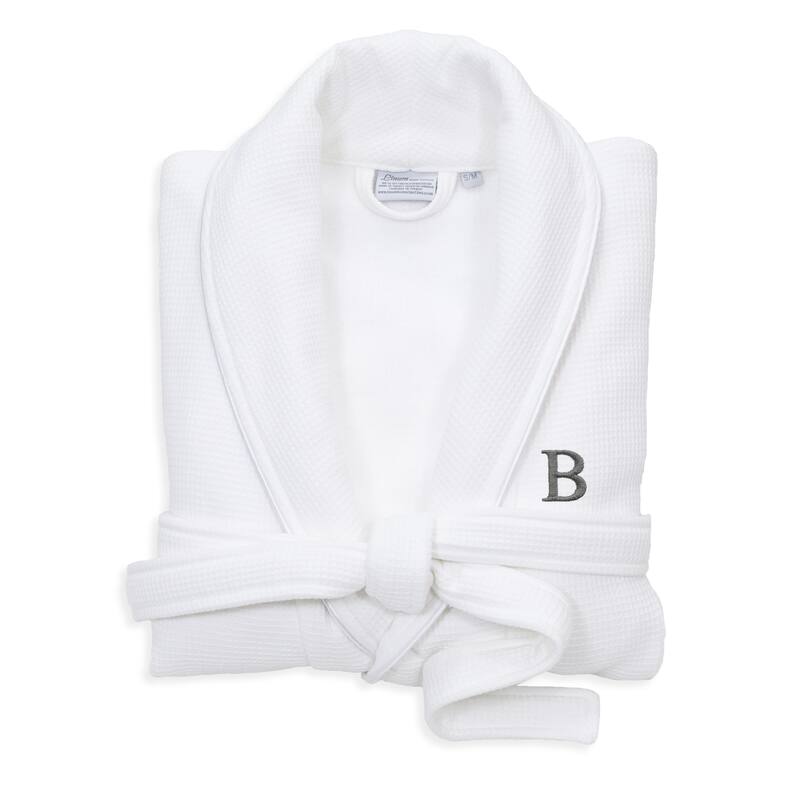 Authentic Hotel and Spa White Unisex Turkish Cotton Waffle Weave Terry Bath Robe with Grey Block Monogram - S/M - B