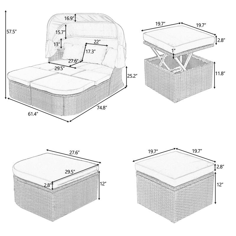 Modular Daybed Sunbed Patio Canopy Bed Wicker Conversation Set