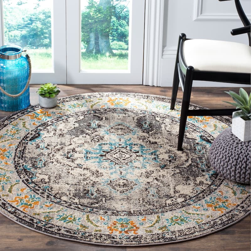 SAFAVIEH Monaco Oceane Boho Medallion Distressed Area Rug - 3' Round - Grey/Light Blue