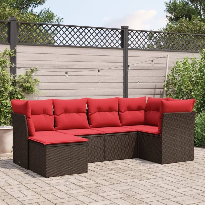 vidaXL 6/7 Piece Patio Sofa Set with Cushions Black/Brown/Gray Poly Rattan - 21.7 x 24.4 x 27.2 - Brown and red Without table