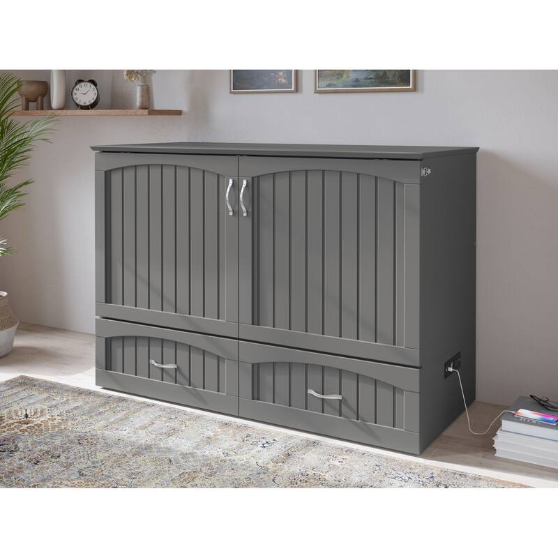 Murphy Bed Chest Full Size - Memory Foam Mattress & USB Charging - Grey Compact Space Saver