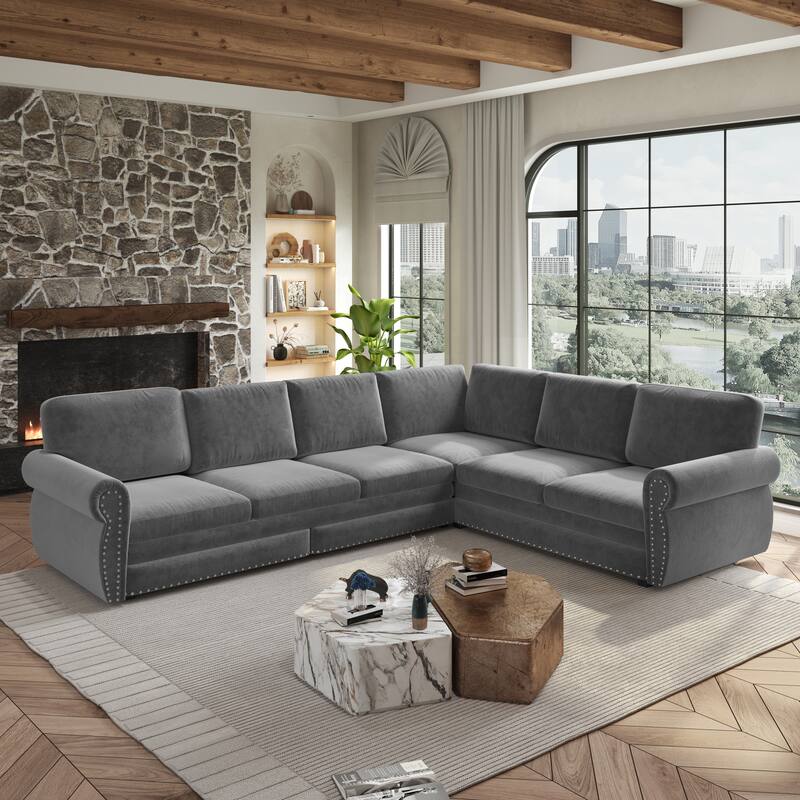 L-Shaped Sectional Sofa with Pull-Out Bed, Oversize Convertible Sleeper Sofa with Rolled Arms, Chenille Upholstery