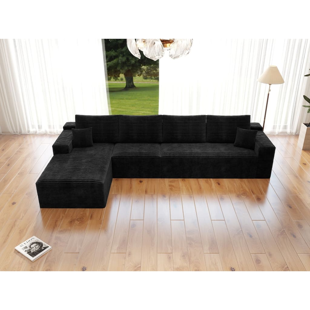 Roomfitters 131.9" Modular Sectional Sofa, 4-Piece Compressed Cloud Couch, No Assembly Required, Plush Corduroy, Black