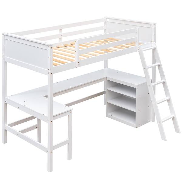 slide 2 of 52, Muti-functional Twin Size Wood Loft Bed with Shelves and Desk,Solid Wood Frame White