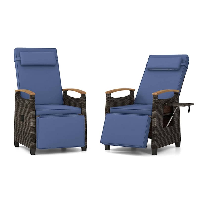 1/2PCS Patio Wicker Recliner Chair w/ Adjustable Backrest & Footrest - 2 PCS Navy