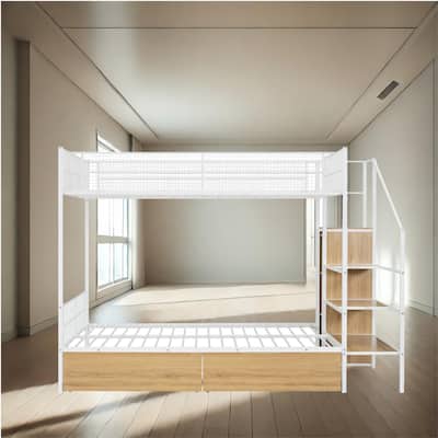Metal Bunk Bed Twin Over Full with Built-in Wardrobe, Ladder Storage, and Wire Shelving - Two Storage Options